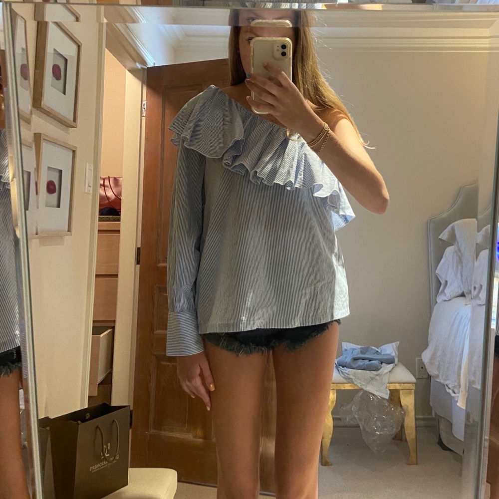 one shoulder blue pinstripe top